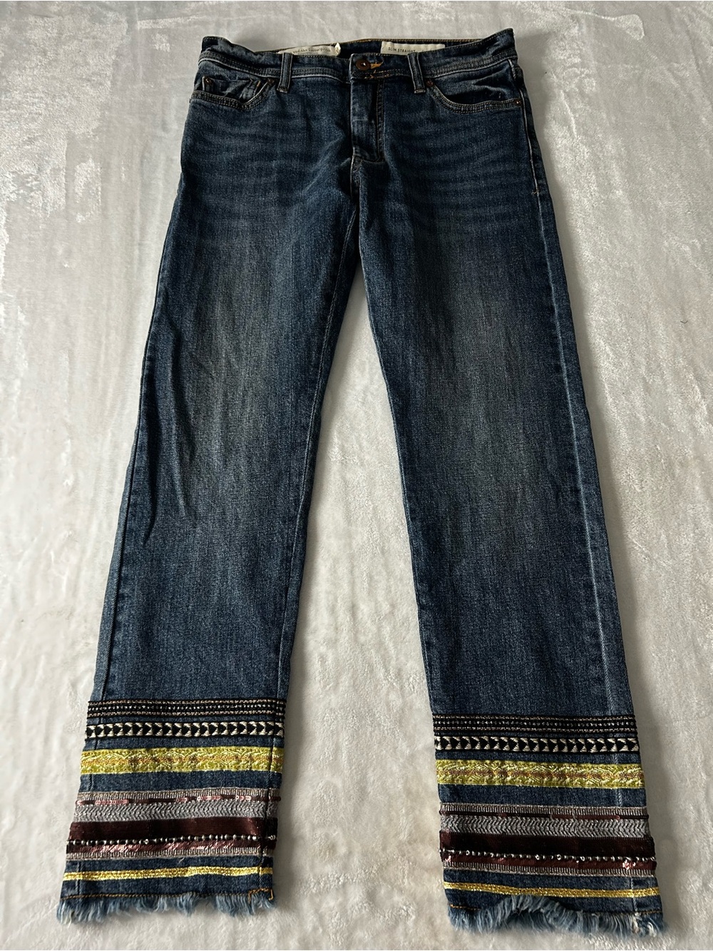 Pilcro and the Letterpress Anthropologie Embroidered Cuff Slim Straight Jeans 27